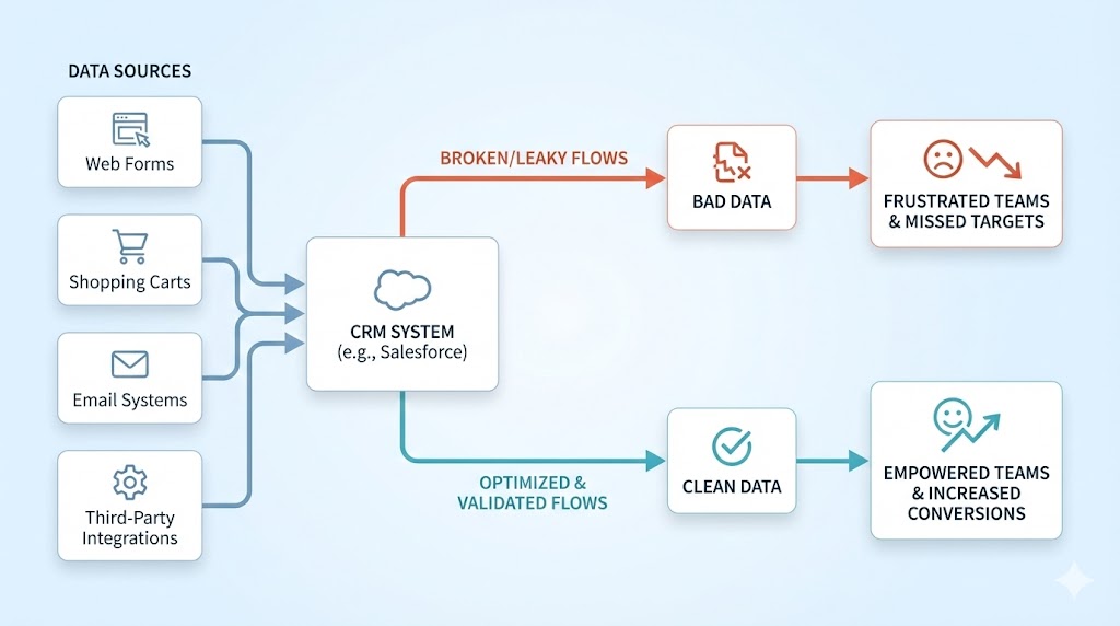 Data flows and CRM data correctness flowchart
